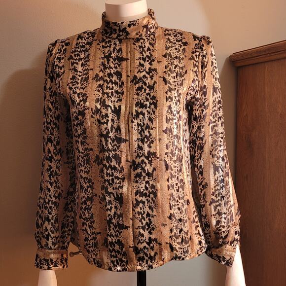 VNTG 80s NICOLA Metallic Leopard Liquid Blouse Sz 6 Mock Neck Sheer Party Top - Picture 1 of 10
